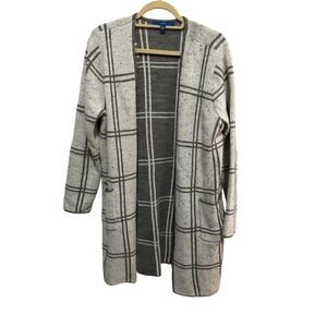 Apt 9- Long, thigh Length Cardigan Sweater - Gray / Cream Box Plaid - Size L